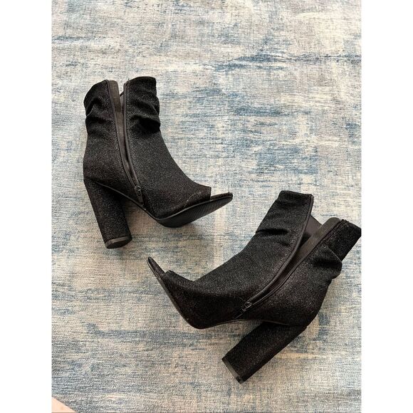 Qupid Black Sparkle Fabric Peep Toe Side Zip Block Heel Boots Size 6 - Picture 7 of 12